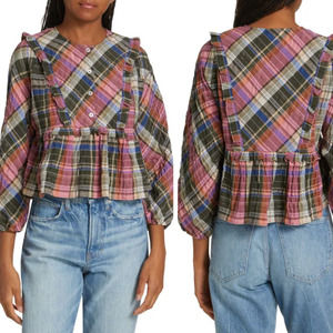VERONICA BEARD Katalina Colorful Plaid Praire Lagenlook Ruffle Bib Blouse‎